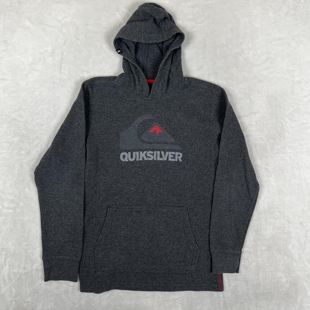 Quiksilver Hoodie Boys Large 14-16 Gray Waffle Knit Pullover Logo Sweatshirt Y2K